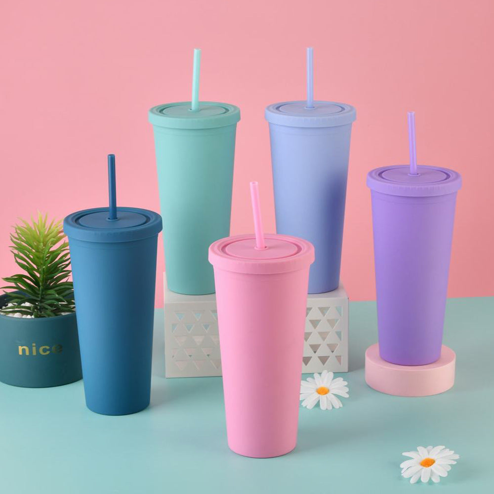 Double Layer Plastic Solid Color Simple Straw Cup