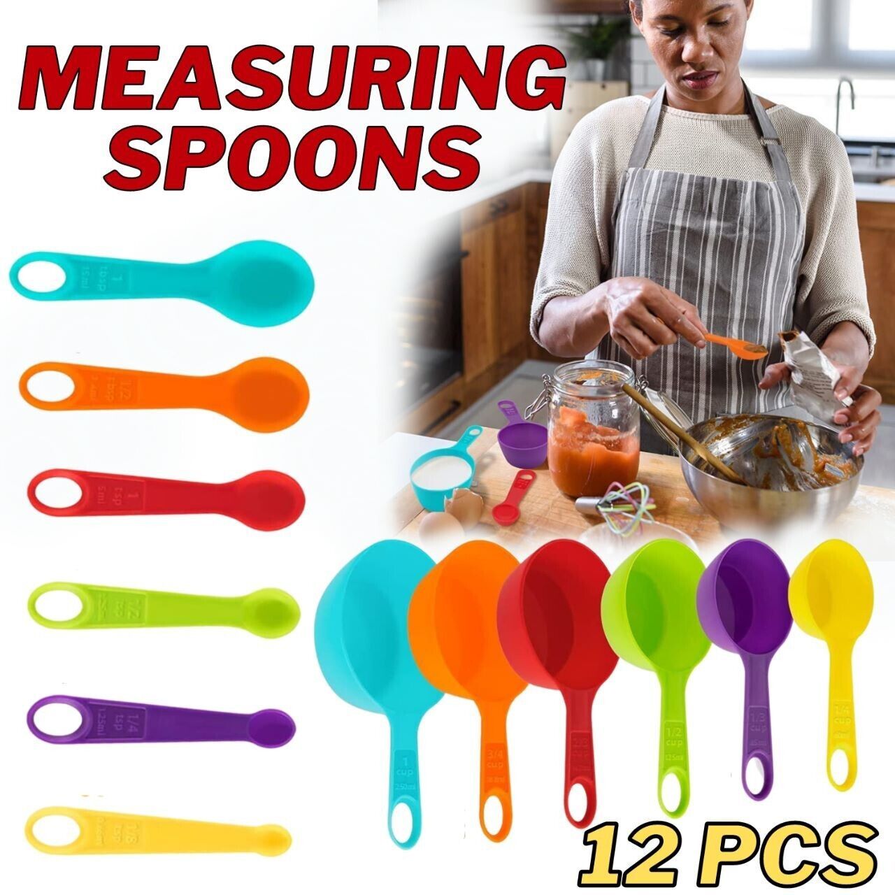 Multi-Color Measuring Cups And Spoons 12 Piece Set Plastic Cooking Kitchen Tools