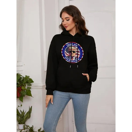 Women Basic Sweatshirt Casual Hooded Sweatshirt Autumn Winter Padded Long Sleeve Trump Circle Portrait Printed Top Oversize