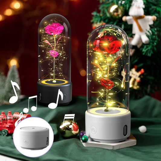 Creative 2 In 1 Rose Flowers LED Light And Bluetooth-compatible Speaker Valentine's Day Gift Rose Luminous Night Light Ornament In Glass Cover BargainsRule