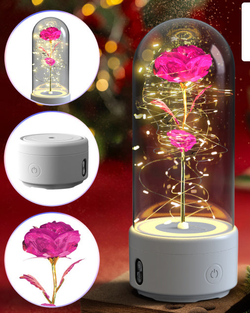 Creative 2 In 1 Rose Flowers LED Light And Bluetooth-compatible Speaker Valentine's Day Gift Rose Luminous Night Light Ornament In Glass Cover BargainsRule