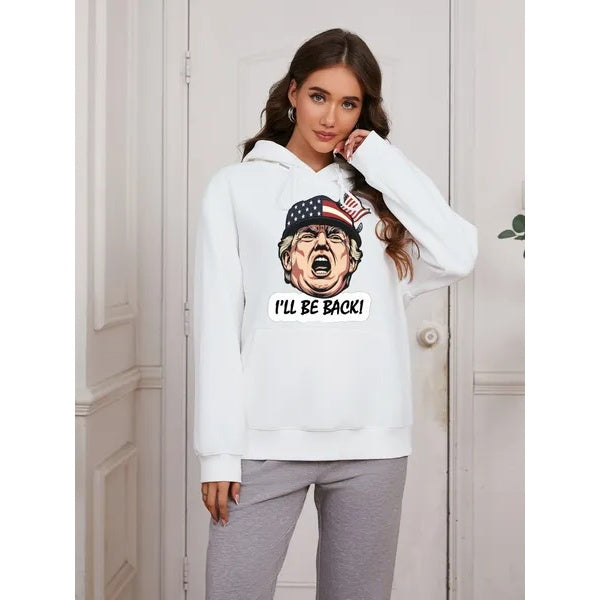 Women Basic Sweatshirt Casual Hooded Sweatshirt Autumn Winter Padded Long Sleeve Hat Trump Printed Top Oversize