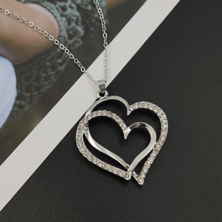 Full Diamond Alloy Silver Double Peach Heart Pendant BargainsRule