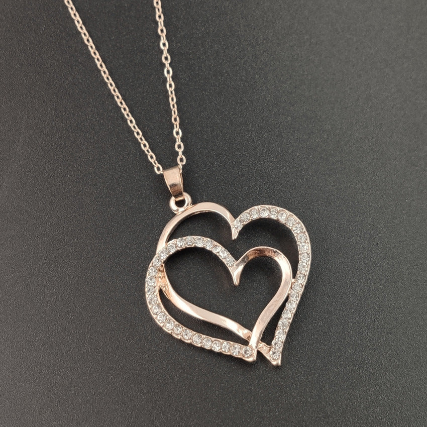 Full Diamond Alloy Silver Double Peach Heart Pendant BargainsRule