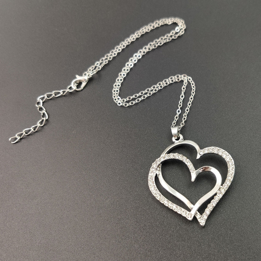 Full Diamond Alloy Silver Double Peach Heart Pendant BargainsRule