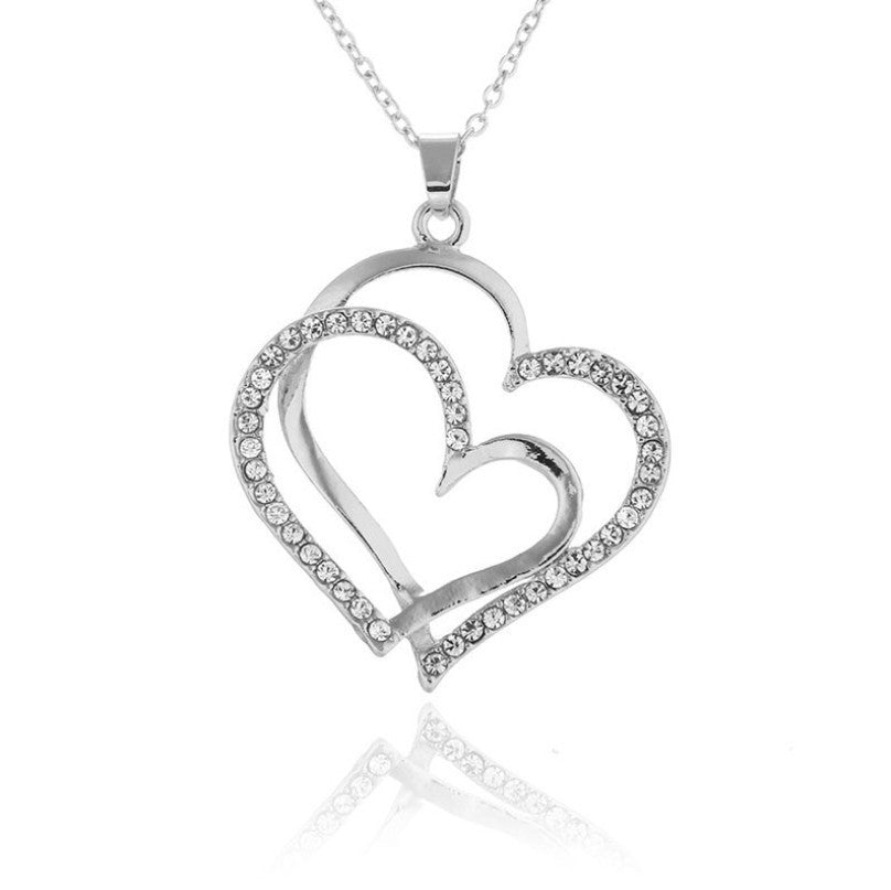 Full Diamond Alloy Silver Double Peach Heart Pendant BargainsRule