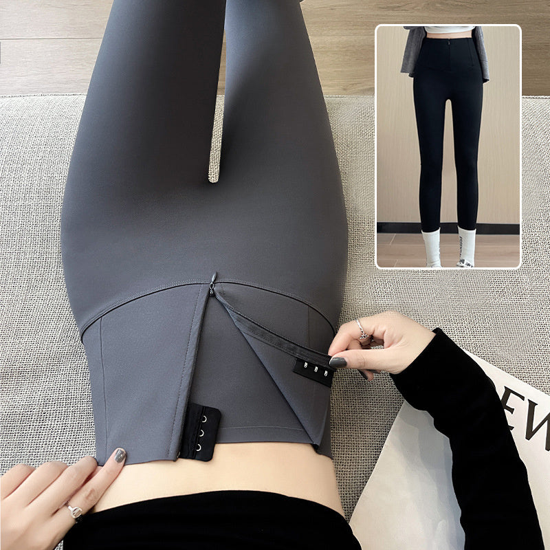 Belly-controlling Butt Lifting Leggings With Three-breasted Design Winter High Waist Slim Zippere Pants Warm Velvet And Thickened Trousers Women Clothing BargainsRule