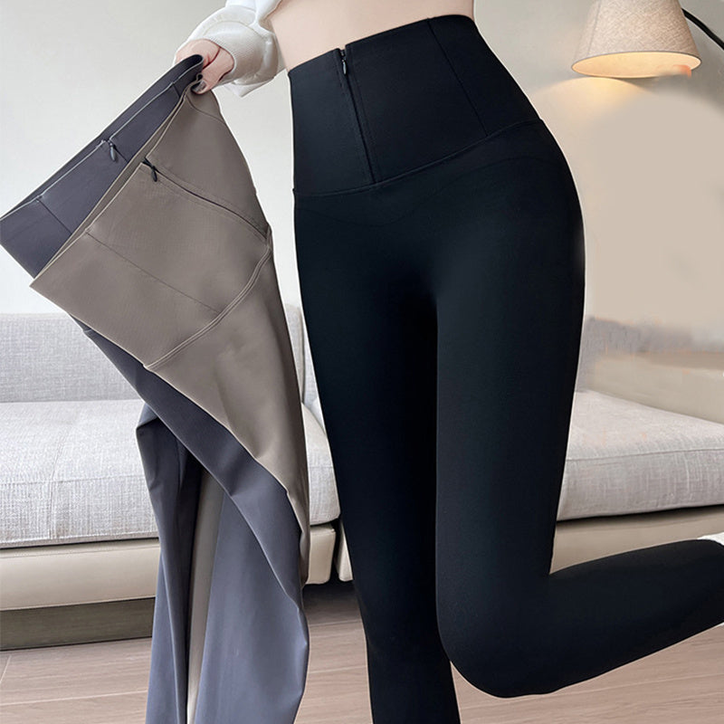 Belly-controlling Butt Lifting Leggings With Three-breasted Design Winter High Waist Slim Zippere Pants Warm Velvet And Thickened Trousers Women Clothing BargainsRule