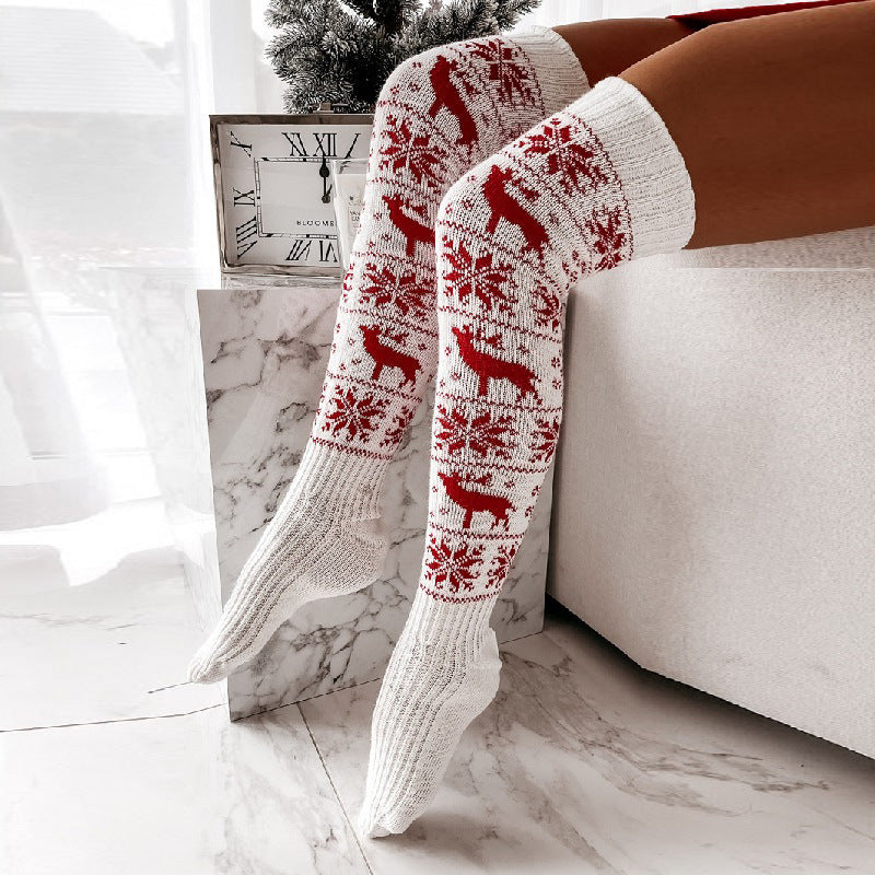 Winter Christmas Warm Knitted Women Stocking Beautiful Elk Snowflake Jacquard Over-the-knee Casual Long Socks For Ladies Gifts Free Size BargainsRule