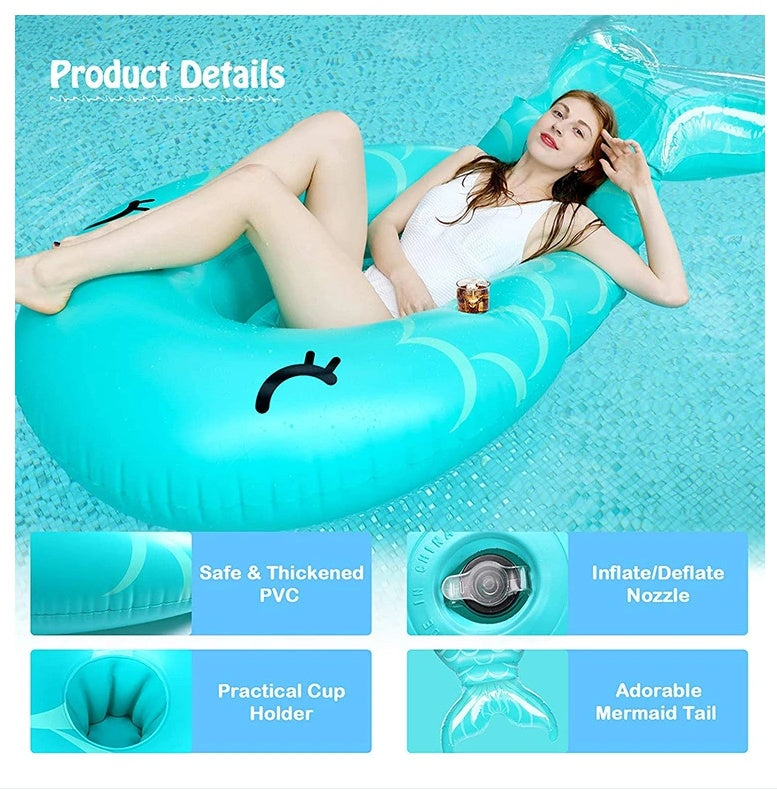 PVC Inflatable Mermaid Raft, Water Leisure Inflatable Whale Floating Bed Float Raft Lounger,Pool Party Entertainment For All Ages BargainsRule