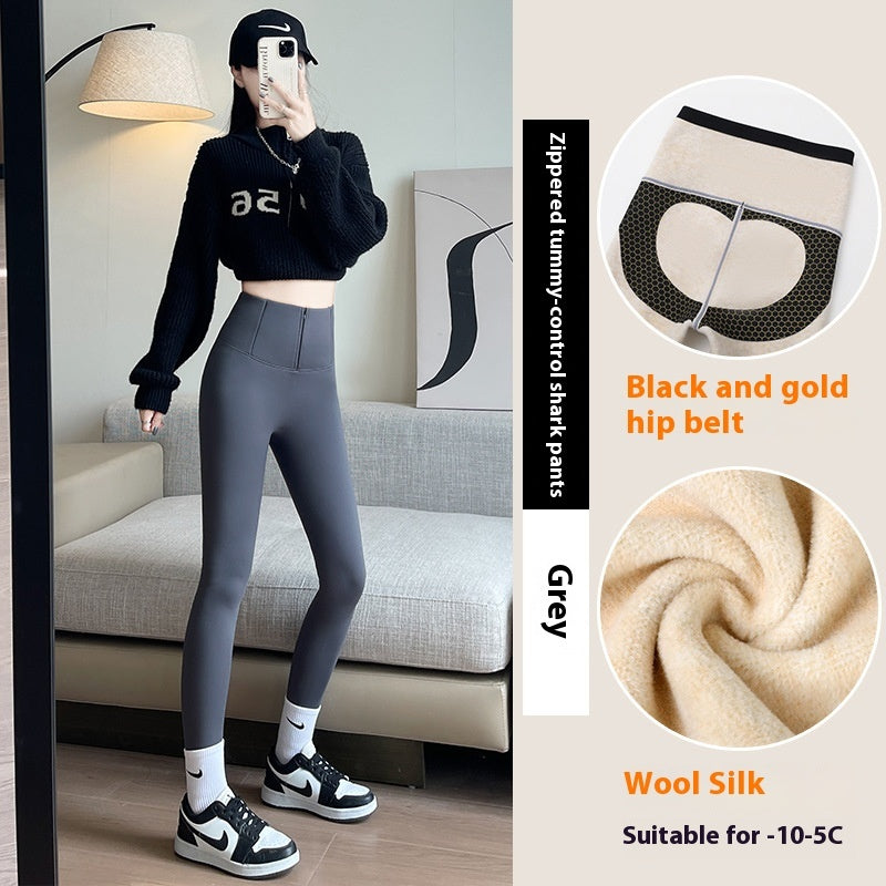 Belly-controlling Butt Lifting Leggings With Three-breasted Design Winter High Waist Slim Zippere Pants Warm Velvet And Thickened Trousers Women Clothing BargainsRule