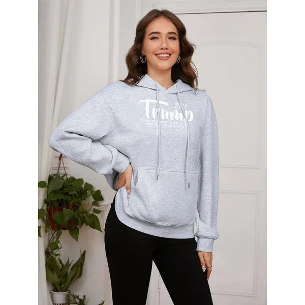 Women Basic Sweatshirt Casual Hooded Sweatshirt Autumn Winter Padded Long Sleeve Trump Alphabet Printed Top Oversize