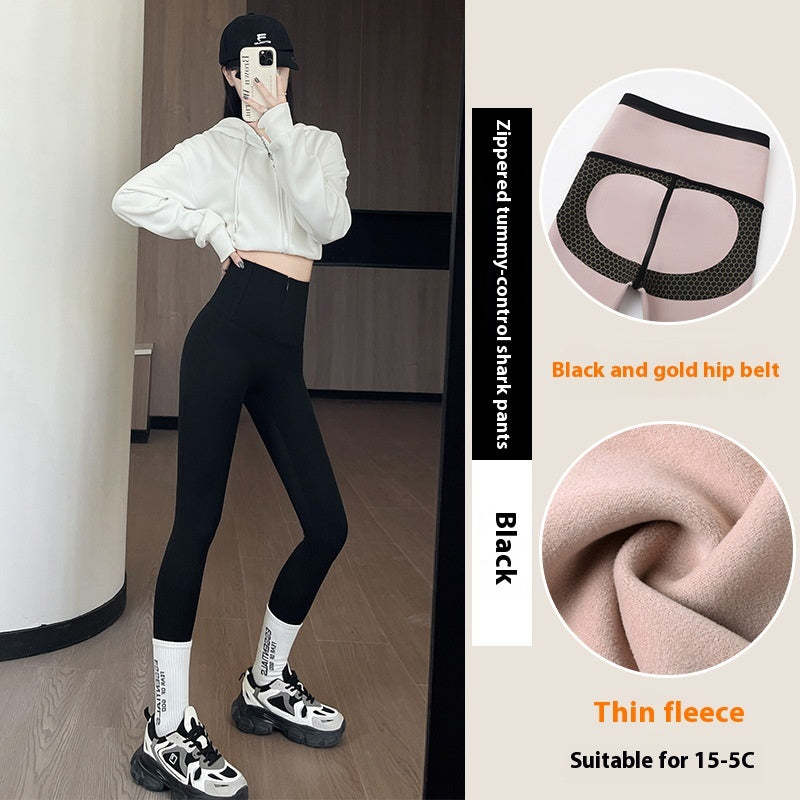 Belly-controlling Butt Lifting Leggings With Three-breasted Design Winter High Waist Slim Zippere Pants Warm Velvet And Thickened Trousers Women Clothing BargainsRule