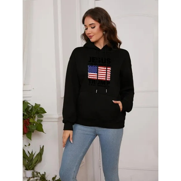 Women Basic Sweatshirt Casual Hooded Sweatshirt Autumn Winter Padded Long Sleeve Trump Flag Printed Top Oversize