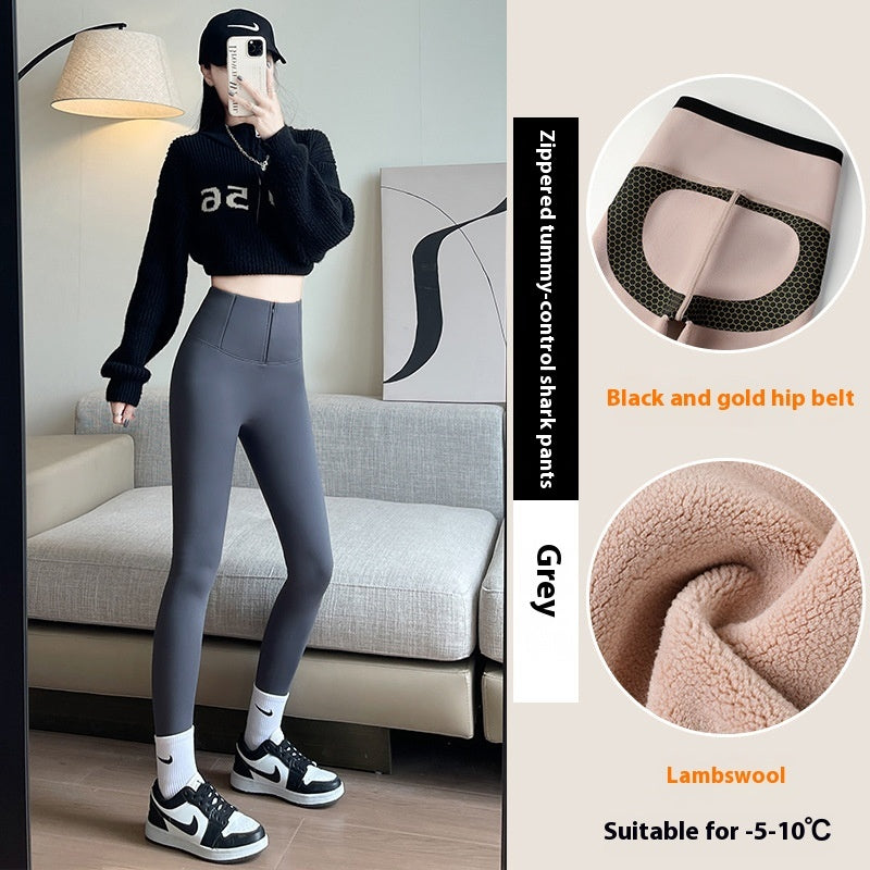 Belly-controlling Butt Lifting Leggings With Three-breasted Design Winter High Waist Slim Zippere Pants Warm Velvet And Thickened Trousers Women Clothing BargainsRule