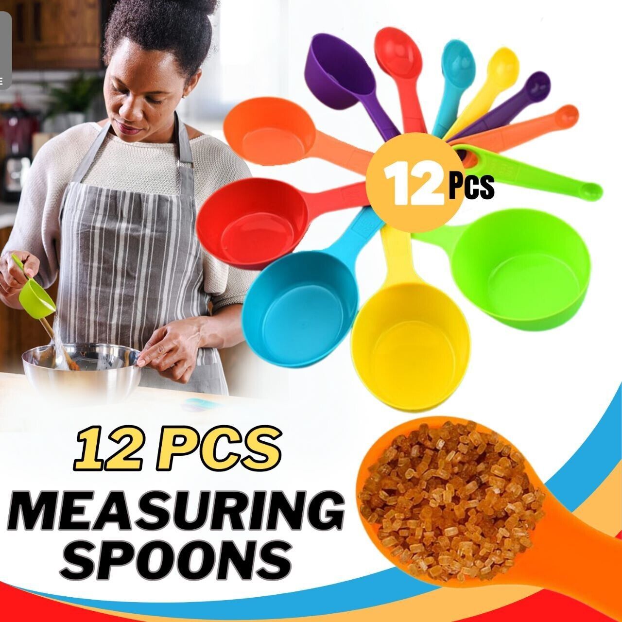 Multi-Color Measuring Cups And Spoons 12 Piece Set Plastic Cooking Kitchen Tools