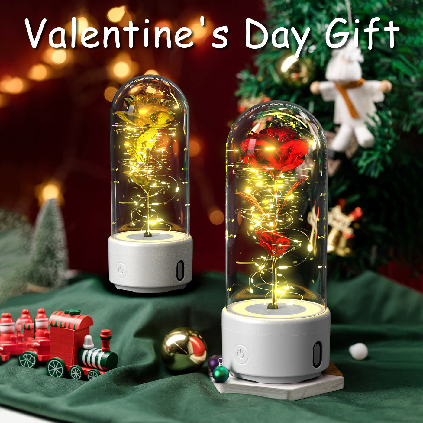 Creative 2 In 1 Rose Flowers LED Light And Bluetooth-compatible Speaker Valentine's Day Gift Rose Luminous Night Light Ornament In Glass Cover BargainsRule