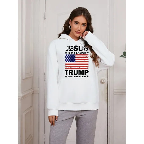 Women Basic Sweatshirt Casual Hooded Sweatshirt Autumn Winter Padded Long Sleeve Trump Flag Printed Top Oversize