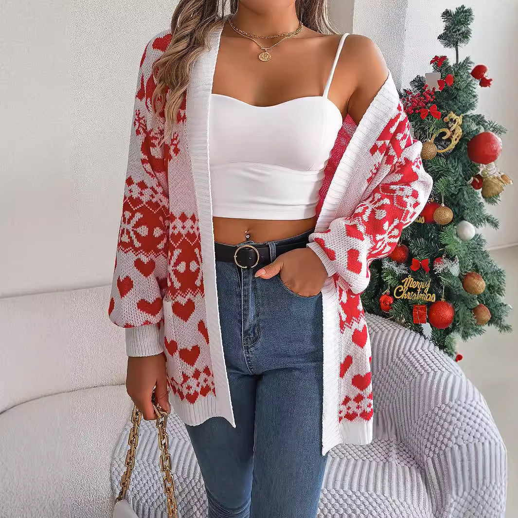 Christmas Deer Pocket Long-sleeve Cardigan Sweater Coat