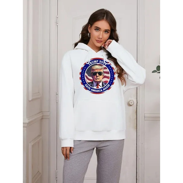 Women Basic Sweatshirt Casual Hooded Sweatshirt Autumn Winter Padded Long Sleeve Trump Circle Portrait Printed Top Oversize