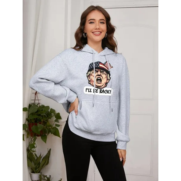 Women Basic Sweatshirt Casual Hooded Sweatshirt Autumn Winter Padded Long Sleeve Hat Trump Printed Top Oversize