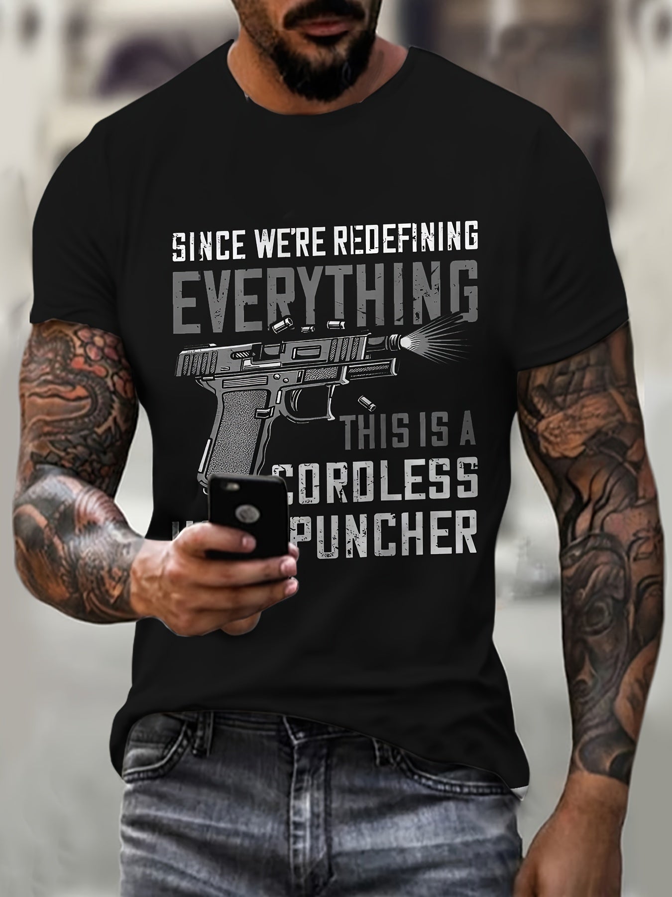 Large Men's Gun And Letter Graphic Printed T-shirt Suitable For Summer, Cool And Stylish Short Sleeved T-shirt Suitable For Tall And Tall Men