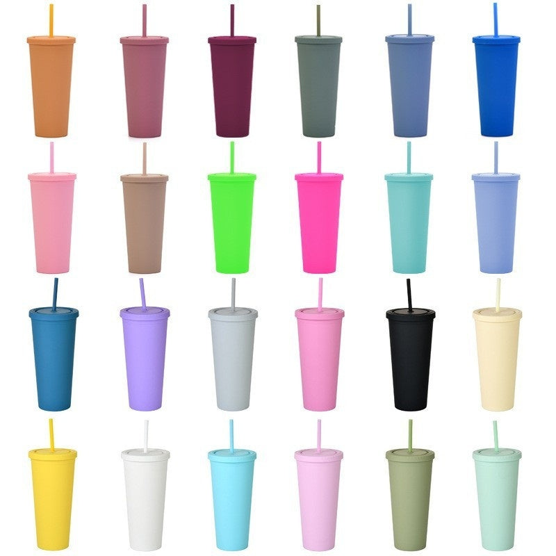 Double Layer Plastic Solid Color Simple Straw Cup