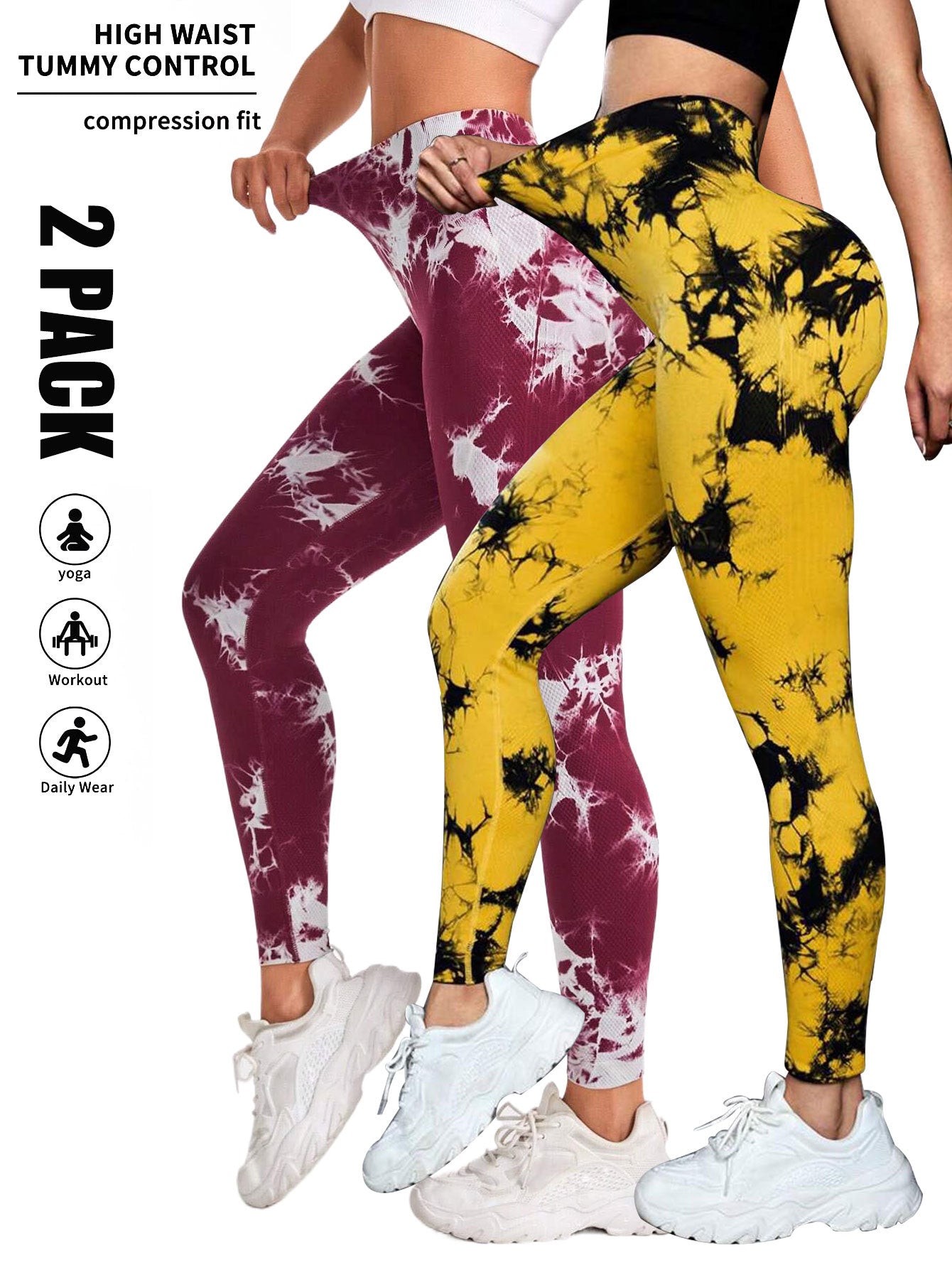 2 Pack Tie Dye Workout Seamless Leggings For Women High Waist Gym Leggings Yoga Pants, Seamless Leggings For Women High Waist Yoga Pants, Scrunch Butt Lifting Elastic Tights BargainsRule