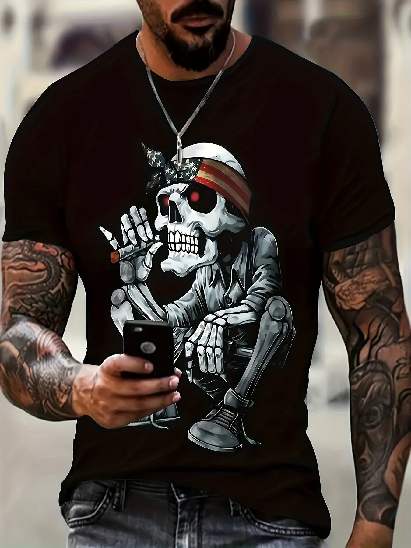 Men's Hollow Printed T-shirt, Casual Short Sleeved Round Neck T-shirt, Men's Outdoor T-shirt