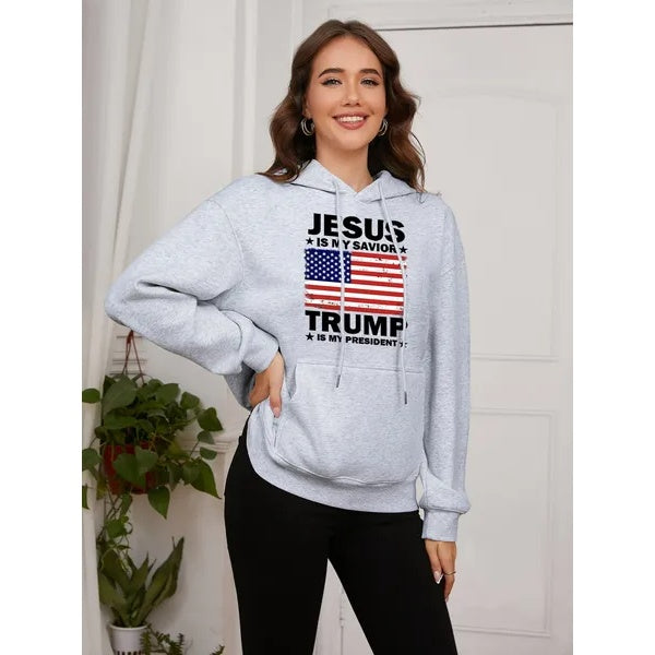 Women Basic Sweatshirt Casual Hooded Sweatshirt Autumn Winter Padded Long Sleeve Trump Flag Printed Top Oversize BargainsRule