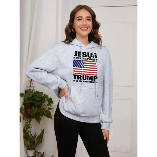 Women Basic Sweatshirt Casual Hooded Sweatshirt Autumn Winter Padded Long Sleeve Trump Flag Printed Top Oversize