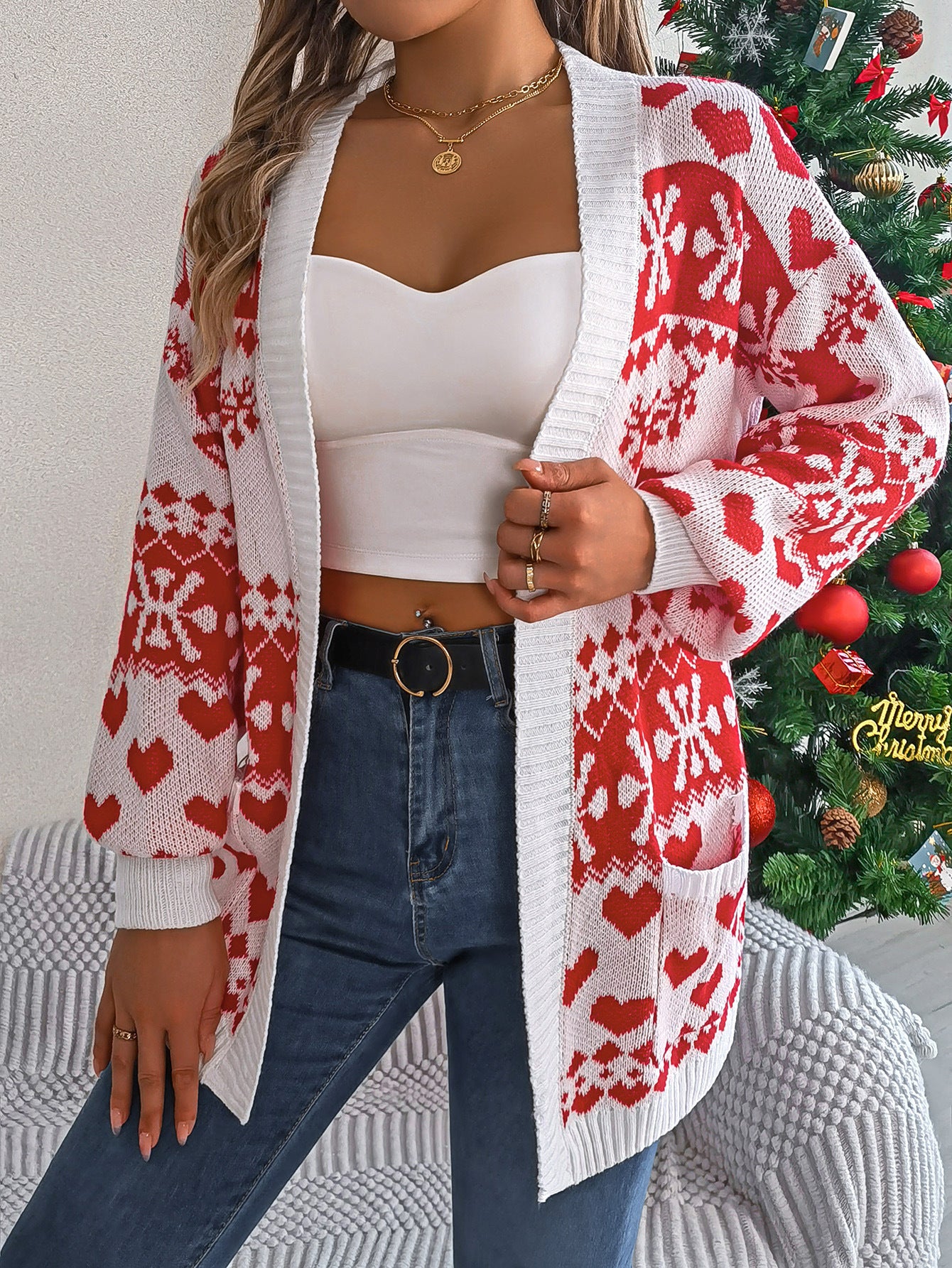 Christmas Deer Pocket Long-sleeve Cardigan Sweater Coat