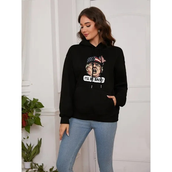 Women Basic Sweatshirt Casual Hooded Sweatshirt Autumn Winter Padded Long Sleeve Hat Trump Printed Top Oversize