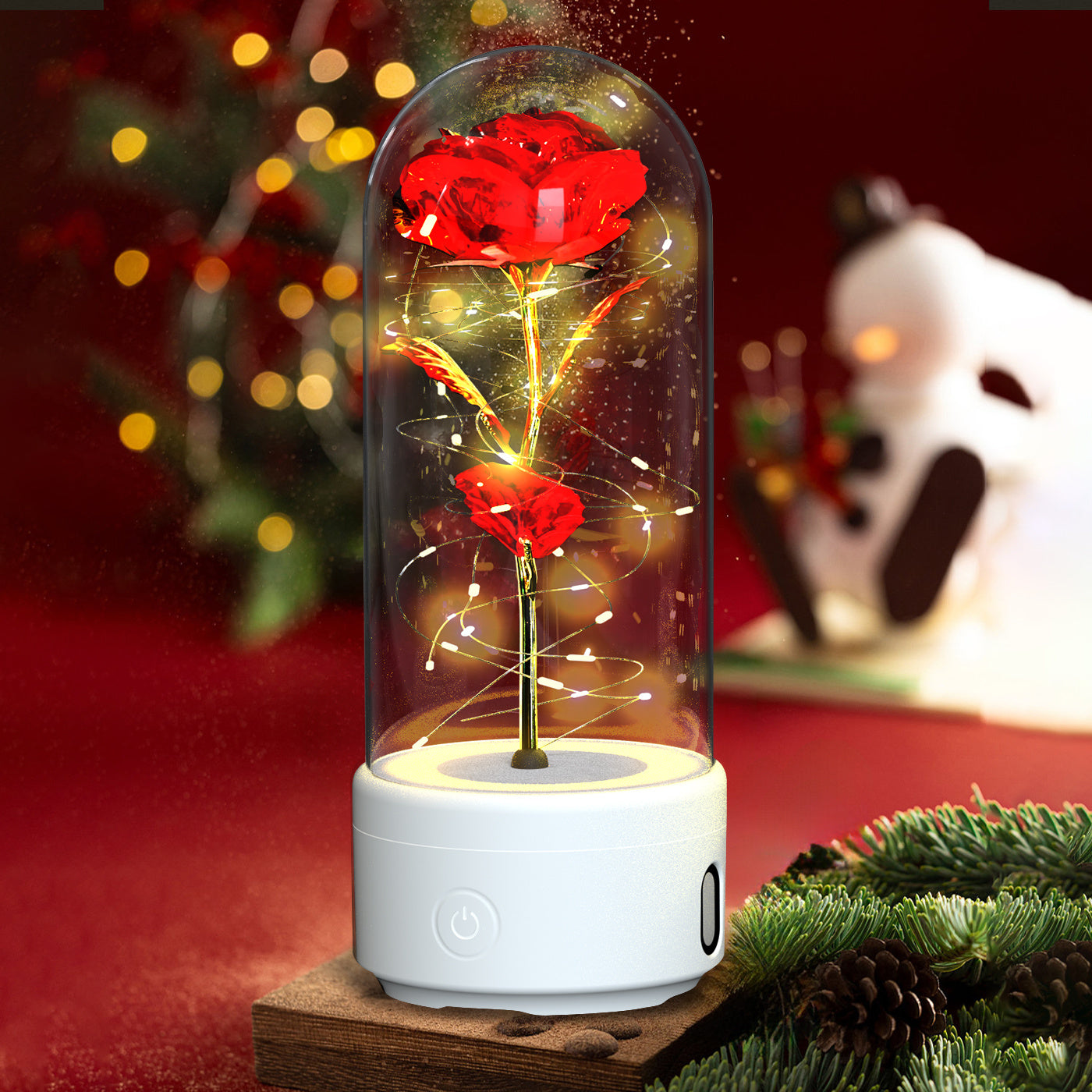 Creative 2 In 1 Rose Flowers LED Light And Bluetooth-compatible Speaker Valentine's Day Gift Rose Luminous Night Light Ornament In Glass Cover BargainsRule