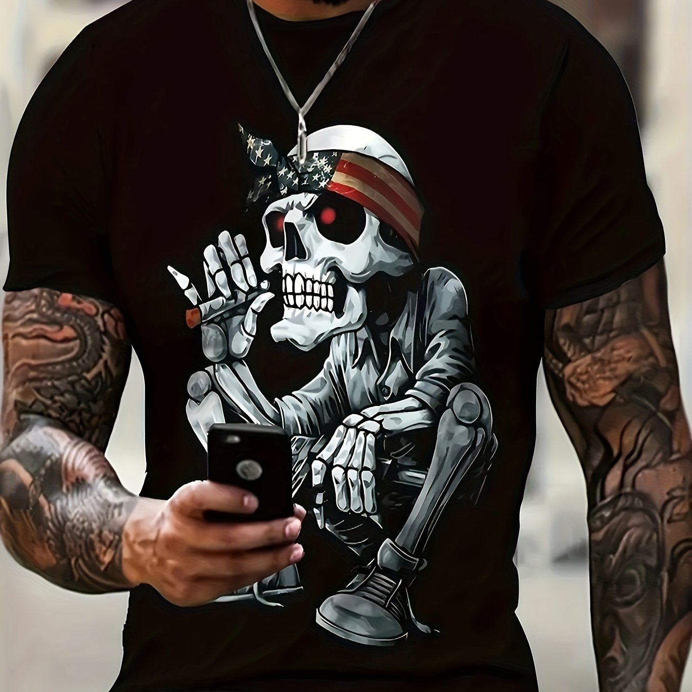 Men's Hollow Printed T-shirt, Casual Short Sleeved Round Neck T-shirt, Men's Outdoor T-shirt