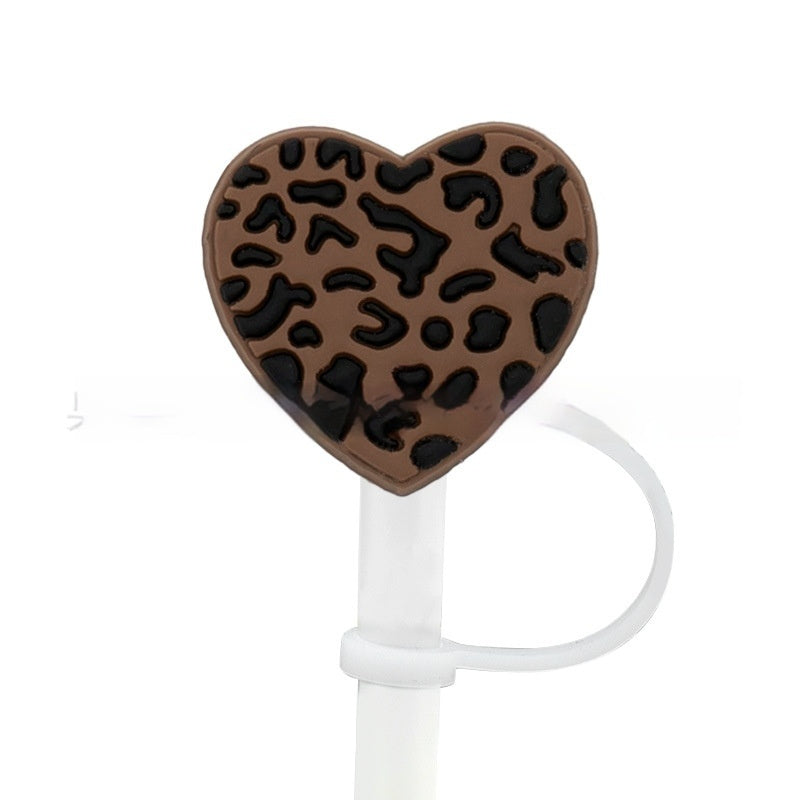 Love Leopard Pattern Grass Mouth Straw Hat Silicone Dust Plug Cute Anime Party Straw Decoration