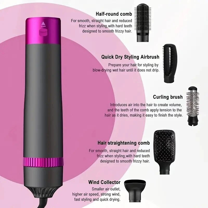 5 In 1 Hair Dryer Brush Hot Air Brush & Volumizer Styler Set With Interchangeable Brush Head Negative Ionic Blow Dryer