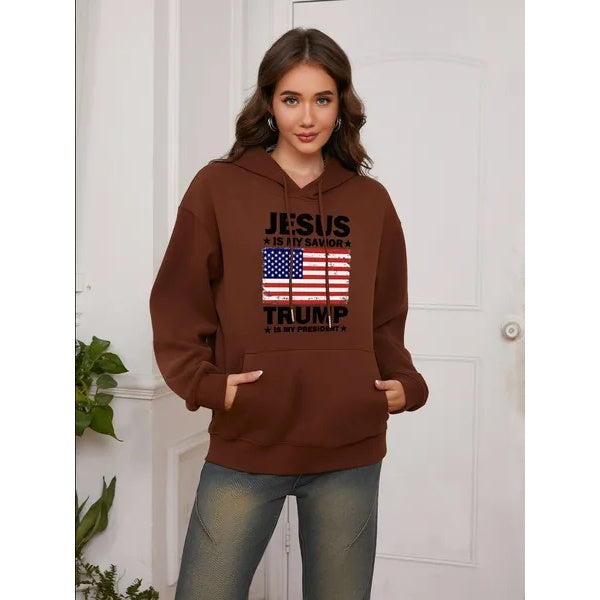 Women Basic Sweatshirt Casual Hooded Sweatshirt Autumn Winter Padded Long Sleeve Trump Flag Printed Top Oversize