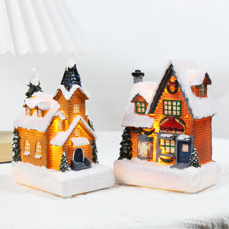 Christmas Decorations Resin Small House Luminous Ornaments