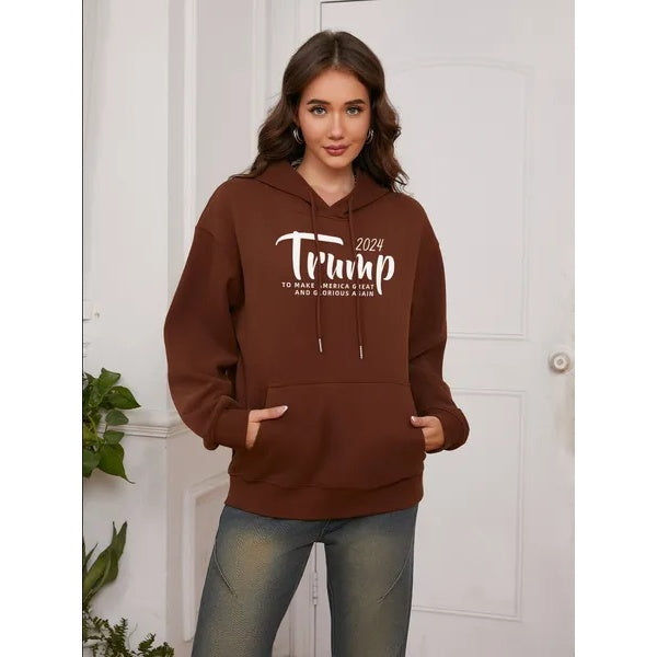 Women Basic Sweatshirt Casual Hooded Sweatshirt Autumn Winter Padded Long Sleeve Trump Alphabet Printed Top Oversize