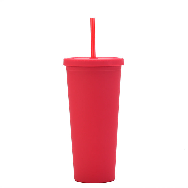 Double Layer Plastic Solid Color Simple Straw Cup