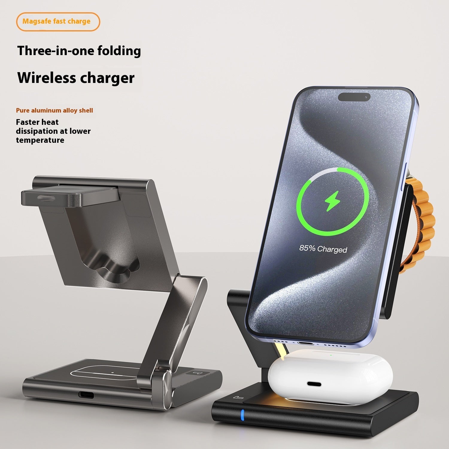 Folding Mobile Phone Headset Watch Three-in-one Wireless Charger BargainsRule