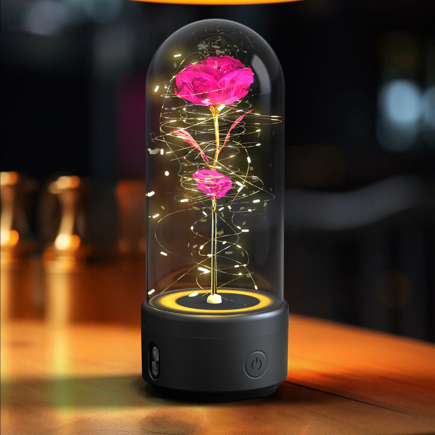 Creative 2 In 1 Rose Flowers LED Light And Bluetooth-compatible Speaker Valentine's Day Gift Rose Luminous Night Light Ornament In Glass Cover BargainsRule