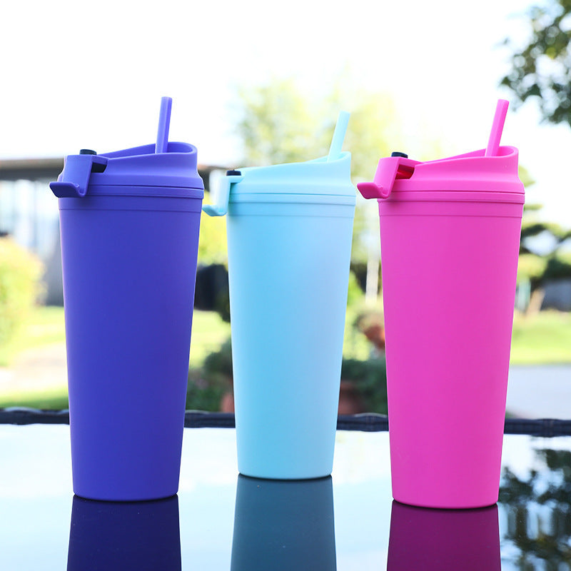 Double Plastic Straw Cup Large Capacity Outdoor