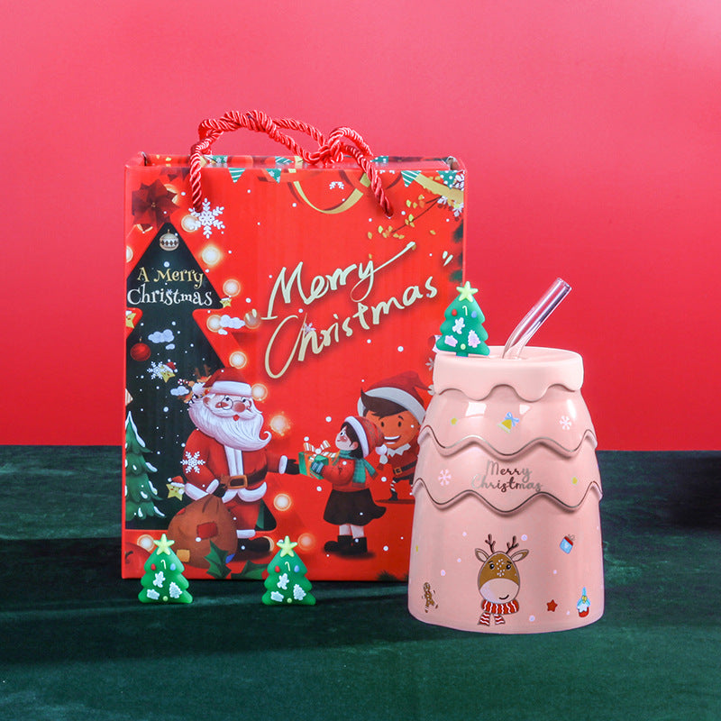 Christmas Ceramic Cup With Lid And Straw Large Capacity Mug