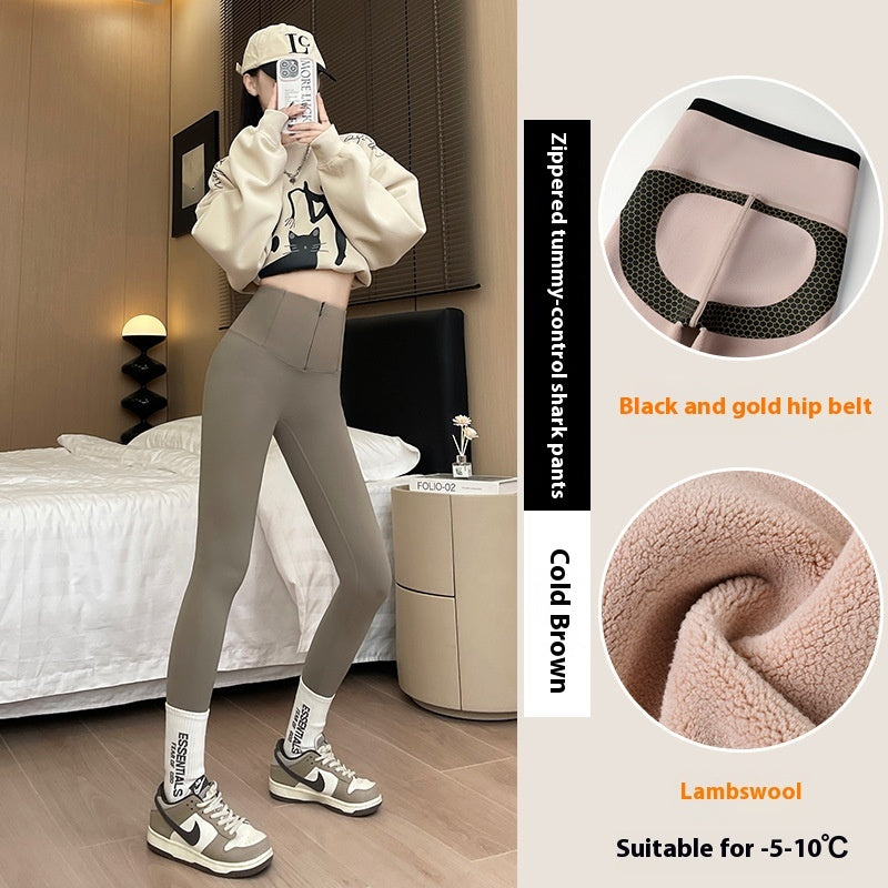 Belly-controlling Butt Lifting Leggings With Three-breasted Design Winter High Waist Slim Zippere Pants Warm Velvet And Thickened Trousers Women Clothing BargainsRule