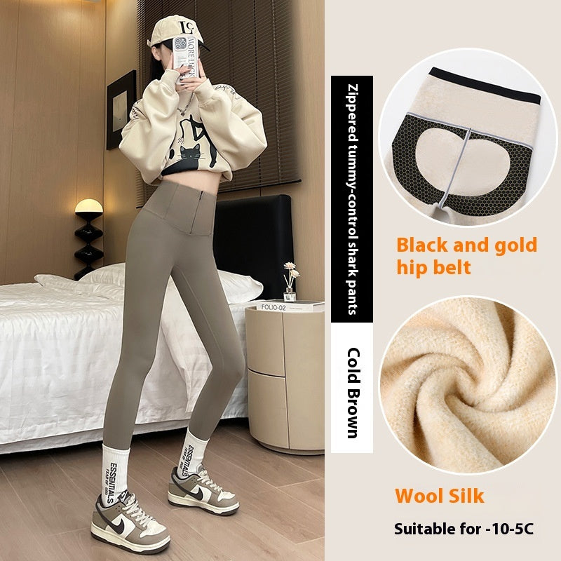 Belly-controlling Butt Lifting Leggings With Three-breasted Design Winter High Waist Slim Zippere Pants Warm Velvet And Thickened Trousers Women Clothing BargainsRule