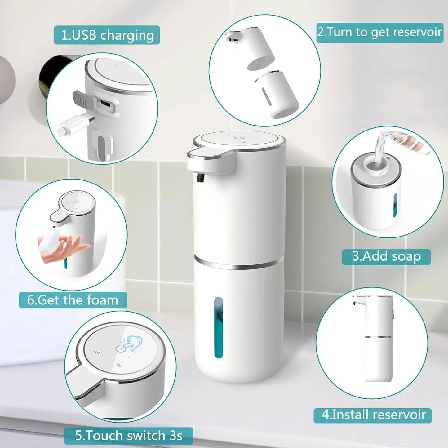 380ml Automatic Soap Dispenser Touchless Foaming Soap Dispenser USB Rechargeable Electric 4 Level Adjustable Foam Soap Dispenser