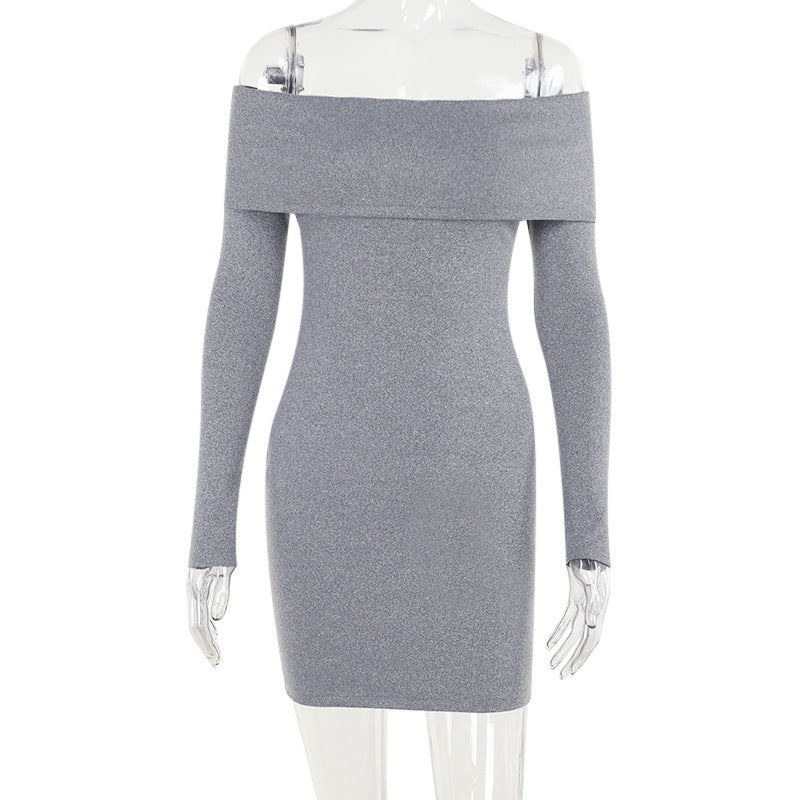 Slim-fit Off-shoulder Knitted Long-sleeved Dress