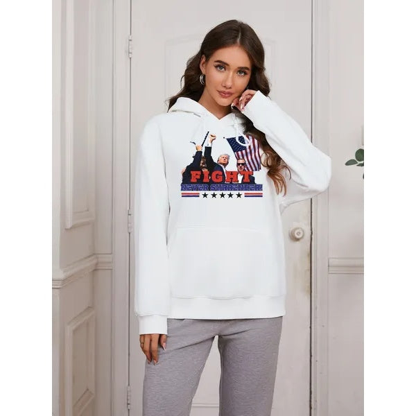 Women Basic Sweatshirt Casual Hooded Sweatshirt Autumn Winter Padded Long Sleeve Trump Pentagram Printed Top Oversize